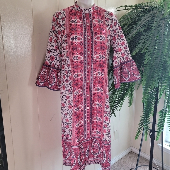 Mislook Dress Boho Pink Floral Button Front Shirt Dress Women Sz M Casual Tunic - Picture 2 of 14